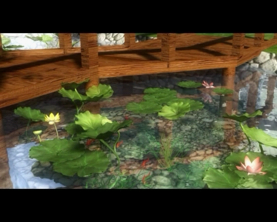 水中嬉戏的锦鲤为整个建筑动画平添一丝活色生机盎然